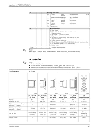 Liquiphant M FTL50(H), FTL51(H)
Endress+Hauser 47
! Note!
Basic weight = compact sensor, thread adapter G ¾, electronic insert, stainless steel housing
Accessories
! Note!
• All dimensions in mm!
• For more detailed information on weld-in adapters, please refer to TI426F/00.
• The tolerance of the defined thread start between the weld-in adapter and sensor is ± 15°.
Weld-in adapter Overview
G7 T13 Alu coated
IP66/68;
M20 threaded joint 0.9 kg
Separate connection compartment Ex d > thread M20
N4 F16 Polyester IP66/67; M12 connector
N5 F13 Alu
F17 Alu
IP66/68;
IP66/67;
M12 connector
N6 F15 316L
Hygiene
IP66/67; M12 connector
Y9 Special version
60 Additional option
A Basic version
B CoC-ASME BPE, EN10204-3.1 material (316L wetted)
Inspection certificate
C EN 10204 - 3.1 material (316L wetted),
Inspection certificate
D EN10204-3.1 AD2000 material, wetted, apart from cast parts,
inspection certificate
K Special adjustment, density H2O
L Special adjustment, density H2O, EN10204-3.1 (316L wetted) inspection certificate
S GL/ABS marine approval (FTL51H: max. 1600 mm)
Y Special version
FTL5#H - Complete product designation
50 Housing; cable entry:
a0008246 a0008251 a0008256 a0011924 a0008248 a0008253
G¾, d=29 with-
out flange
G¾, d=50 with
flange
G¾, d=55
with flange
G1, d=53
without flange
G1, d=60
with flange
G1
can be positioned
Material
roughness μm (μin)
316L
1.5 (59.1)
316L
0.8 (31.5)
316L
0.8 (31.5)
316L
0.8 (31.5)
316L
0.8 (31.5)
316L
0.8 (31.5)
Without inspection certificate
EN10204-3.1 material
– – 52001052 – 52001051 1) 52001221 2)
With inspection certificate
EN10204-3.1 material
52028295 52018765 52011897 71093129 1)
52011896 1)
52011898 2)
Seal (set of 5)
Silicone O-ring
520217173)
Silicone O-ring
520217173)
Silicone O-ring
520144733)
Silicone O-ring
520144723)
Silicone O-ring
520144723)
Silicone
profile gasket
520144243)
Weld-in dummy – – MVT2L0692 MVT2L0691 MVT2L0691 M40167
 
