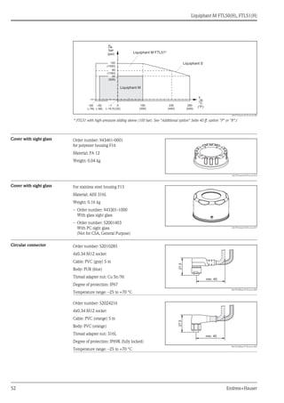 Liquiphant M FTL50(H), FTL51(H)
52 Endress+Hauser
L00-FTL5xxxx-05-05-xx-xx-002
* FTL51 with high-pressure sliding sleeve (100 bar). See "Additional option" Seite 40 ff. option "P" or "R".l
Cover with sight glass
Cover with sight glass
Circular connector
pe
bar
(psi)
Tp
°C
(°F)–50
(–58)
–60
(–76)
150
(300)
230
(440)
280
(540)
0
(32)
–1
(–14.5)
100
(1450)
Liquiphant M
Liquiphant S
80
(1160)
64
(928)
Liquiphant M FTL51*
Order number: 943461-0001
for polyester housing F16
Material: PA 12
Weight: 0.04 kg
L00-FTL5xxxx-03-05-xx-xx-016
For stainless steel housing F15
Material: AISI 316L
Weight: 0.16 kg
– Order number: 943301-1000
With glass sight glass
– Order number: 52001403
With PC sight glass
(Not for CSA, General Purpose)
L00-FTL5xxxx-03-05-xx-xx-017
Order number: 52010285
4x0.34 M12 socket
Cable: PVC (gray) 5 m
Body: PUR (blue)
Thread adapter nut: Cu Sn/Ni
Degree of protection: IP67
Temperature range: –25 to +70 °C
L00-FTL20Hxx-07-05-xx-xx-004
Order number: 52024216
4x0.34 M12 socket
Cable: PVC (orange) 5 m
Body: PVC (orange)
Thread adapter nut: 316L
Degree of protection: IP69K (fully locked)
Temperature range: –25 to +70 °C
L00-FTL20Hxx-07-05-xx-xx-005
27.5
min. 40
27.5
min. 40
 