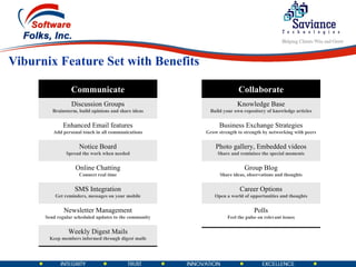 Viburnix Feature Set with Benefits Communicate Discussion Groups Brainstorm, build opinions and share ideas Enhanced Email features Add personal touch in all communications Notice Board Spread the work when needed Online Chatting Connect real time SMS Integration Get reminders, messages on your mobile Newsletter Management Send regular scheduled updates to the community Weekly Digest Mails Keep members informed through digest mails Collaborate Knowledge Base Build your own repository of knowledge articles Business Exchange Strategies Grow strength to strength by networking with peers Photo gallery, Embedded videos Share and reminisce the special moments Group Blog Share ideas, observations and thoughts Career Options Open a world of opportunities and thoughts Polls Feel the pulse on relevant issues 