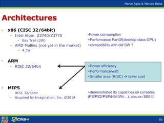 Marco Agus & Marcos Balsa
Architectures
• x86 (CISC 32/64bit)
– Intel Atom Z3740/Z3770
• Bay Trail (2W)
– AMD Mullins (not yet in the market)
• 4.5W
• ARM
– RISC 32/64bit
• MIPS
– RISC 32/64bit
– Acquired by Imagination, Inc. @2014
-Power consumption
+Performance PartOf(desktop class GPU)
+compatibility with old SW ?
+Power efficiency
+Performance/watt
+Smaller area (RISC)  lower cost
+demonstrated its capacities on consoles
(PS/PS2/PSP/N64/Wii…), also on SGI 
50
 