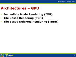 Marco Agus & Marcos Balsa
Architectures – GPU
• Immediate Mode Rendering (IMR)
• Tile Based Rendering (TBR)
• Tile Based Deferred Rendering (TBDR)
70
 