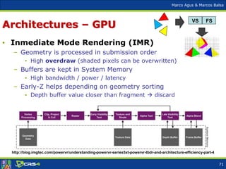 Marco Agus & Marcos Balsa
Architectures – GPU
• Inmediate Mode Rendering (IMR)
– Geometry is processed in submission order
• High overdraw (shaded pixels can be overwritten)
– Buffers are kept in System Memory
• High bandwidth / power / latency
– Early-Z helps depending on geometry sorting
• Depth buffer value closer than fragment  discard
http://blog.imgtec.com/powervr/understanding-powervr-series5xt-powervr-tbdr-and-architecture-efficiency-part-4
VS FS
71
 
