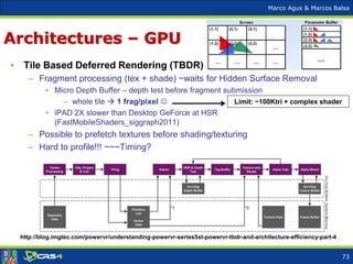 Marco Agus & Marcos Balsa
Architectures – GPU
http://blog.imgtec.com/powervr/understanding-powervr-series5xt-powervr-tbdr-and-architecture-efficiency-part-4
• Tile Based Deferred Rendering (TBDR)
– Fragment processing (tex + shade) ~waits for Hidden Surface Removal
• Micro Depth Buffer – depth test before fragment submission
– whole tile  1 frag/pixel 
• iPAD 2X slower than Desktop GeForce at HSR
(FastMobileShaders_siggraph2011)
– Possible to prefetch textures before shading/texturing
– Hard to profile!!! ~~~Timing?
Limit: ~100Ktri + complex shader
73
 