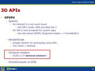 Marco Agus & Marcos Balsa
3D APIs
• GPGPU
– OpenCL
• On Android it is not much loved
– Use GPU vendor SDK provided libs 
• On iOS is only accepted for system apps
– Use old-school GPGPU (fragment shader -> FrameBuffer)
– RenderScript
• Google solution for processing using GPU…
• Too niche! ~ Android
– Compute shaders
• GLES 3.1!!! General solution!!
– DirectCompute on D3D
93
 