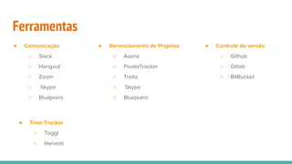 Ferramentas
● Comunicação
○ Slack
○ Hangout
○ Zoom
○ Skype
○ Bluejeans
● Gerenciamento de Projetos
○ Asana
○ PivotaTracker
○ Trello
○ Skype
○ Bluejeans
● Controle de versão
○ Github
○ Gitlab
○ BitBucket
● Time Tracker
○ Toggl
○ Harvest
 