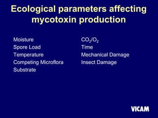 Ecological parameters affecting
mycotoxin production
Moisture
Spore Load
Temperature
Competing Microflora
Substrate
CO2/O2
Time
Mechanical Damage
Insect Damage
 