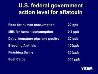 U.S. federal government
action level for aflatoxin
Food for human consumption 20 ppb
Milk for human consumption 0.5 ppb
Dairy, immature pigs and poultry 20 ppb
Breeding Animals 100ppb
Finishing Swine 200ppb
Beef Cattle 300 ppb
 