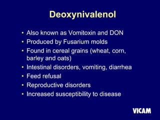 Deoxynivalenol
• Also known as Vomitoxin and DON
• Produced by Fusarium molds
• Found in cereal grains (wheat, corn,
barley and oats)
• Intestinal disorders, vomiting, diarrhea
• Feed refusal
• Reproductive disorders
• Increased susceptibility to disease
 