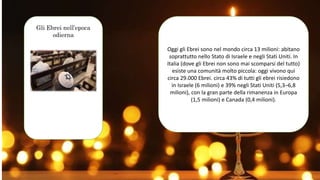 Gli Ebrei nell’epoca
odierna
Oggi gli Ebrei sono nel mondo circa 13 milioni: abitano
soprattutto nello Stato di Israele e negli Stati Uniti. In
Italia (dove gli Ebrei non sono mai scomparsi del tutto)
esiste una comunità molto piccola: oggi vivono qui
circa 29.000 Ebrei. circa 43% di tutti gli ebrei risiedono
in Israele (6 milioni) e 39% negli Stati Uniti (5,3–6,8
milioni), con la gran parte della rimanenza in Europa
(1,5 milioni) e Canada (0,4 milioni).
 