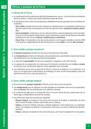 1
©VICENSVIVESNUEVODEMOS1.Resúmenesdelosapartados
1. Climas de la Tierra
I La combinación de los elementos del clima (temperatura, viento...) y de los factores climáticos
(latitud, altitud...) hacen que existan diferentes tipos de climas.
I Si escogemos como criterio la temperatura, estableceremos tres grandes zonas climáticas en
el planeta:
– Zona cálida: situada entre los dos trópicos; se caracteriza por sus elevadas temperaturas
durante todo el año; se distinguen en ella tres tipos de clima: ecuatorial, tropical y desér-
tico.
– Zonas templadas: localizamos una en cada hemisferio, aproximadamente entre los trópi-
cos y los círculos polares; ambas tienen cuatro estaciones; a partir de los factores climáticos
establecemos tres climas: oceánico, mediterráneo y continental.
– Zonas frías: corresponden a las dos zonas polares y a los lugares situados a más de 2500
m de altitud, y dependiendo de ello localizamos un clima polar o uno de alta montaña.
2. Zona cálida: paisaje ecuatorial
I El paisaje ecuatorial se localiza en las zonas más próximas al Ecuador.
I Sus temperaturas siempre son elevadas y las precipitaciones, abundantes, hasta el punto que
casi diariamente cae una lluvia torrencial al atardecer.
I A causa de la pluviosidad, los ríos son caudalosos y regulares, y de color terroso.
I La vegetación es exuberante, de modo que la formación característica es la selva o jungla,
en las que viven multitud de especies, tanto vegetales como animales.
I Los habitantes de la zona ecuatorial de África y América se dedican a la recolección, a la
caza y a una agricultura rudimentaria, sin embargo, en Asia, mucho más poblada, crecen las
plantaciones de arroz, caña de azúcar, té...
3. Zona cálida: paisaje tropical
I Encontramos los paisajes tropicales al Norte y al Sur de la zona ecuatorial.
I Las temperaturas que se registran en estos paisajes son elevadas como en los ecuatoriales,
pero las lluvias sólo son abundantes en la estación húmeda.
I El caudal de los ríos varía a lo largo del año en función de las lluvias; puede pasar de no
llevar agua a desbordarse durante las crecidas.
I Hay diferentes tipos de formaciones vegetales:
– Bosque tropical: se localiza en las zonas más cercanas al Ecuador, es parecido a la selva
pero menos frondoso, habitan sobre todo aves e insectos.
– Sabana: la forman hierbas, arbustos y árboles dispersos; viven herbívoros y sus depreda-
dores. Los indígenas se dedican a la ganadería extensiva y al cultivo tradicional y de plan-
taciones.
– Estepa: sustituye a la sabana en las zonas más secas, con lo que la vegetación es muy pobre.
Climas y paisajes de laTierraT6
 