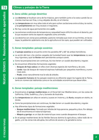 2
©VICENSVIVES
T6
4. Zona cálida: paisaje desértico
I Los desiertos se localizan cerca de los trópicos, pero también junto a la costa cuando las co-
rrientes marinas son frías, o muy alejados de ella, en el interior.
I Las temperaturas son muy altas todo el año pero sufren oscilaciones entre el día y la noche,
y las precipitaciones son muy escasas e irregulares.
I No hay cursos de agua permanentes sino uadis.
I Las extremas condiciones de temperatura y sequedad hacen difícil la vida en el desierto, por
lo que escasean tanto las especies vegetales como animales.
I Los desiertos son zonas poco pobladas: pastores nómadas que viven en sus límites, en las es-
tepas; la población sedentaria vive de la agricultura en los oasis, que pueden ser cultivados.
5. Zonas templadas: paisaje oceánico
I El paisaje oceánico se encuentra entre los paralelos 40° y 60° de ambos hemisferios.
I La acción del mar y los vientos cargados de humedad hacen que las temperaturas no sean
muy rigurosas y que las lluvias sean persistentes aunque suaves.
I Como las precipitaciones son continuas, los ríos tienen un caudal abundante y regular.
I Se encuentran diferentes formaciones vegetales:
– Bosques de hoja caduca: en ellos viven diversas especies de mamíferos y de aves.
– Landa: tipo de bosque de matorral espinoso habitado por pequeños mamíferos y nume-
rosas aves.
– Prado: crece naturalmente tras la tala de árboles.
I La ocupación humana de los paisajes oceánicos es diferente según los lugares de la Tierra,
tanto en número de habitantes como en las actividades económicas que desarrollan.
6. Zonas templadas: paisaje mediterráneo
I Encontramos el paisaje mediterráneo en el litoral del mar Mediterráneo y en las costas de
California, Chile, Sudáfrica, y Sur y Suroeste de Australia.
I Sus temperaturas son altas en verano y suaves en invierno, y la lluvia, excepto en otoño, es
escasa.
I Como las precipitaciones son continuas, los ríos tienen un caudal abundante y regular.
I Hay diferentes tipos de formaciones vegetales:
– Bosque mediterráneo: formado por árboles de hoja perenne, pequeña y dura. Por debajo
de él encontramos el matorral espinoso.
– Maquia y garriga: es un tipo de matorral que crece cuando desaparece el bosque.
I En el paisaje mediterráneo de las fértiles llanuras domina la agricultura, sobre todo de re-
gadío, y en las zonas más abruptas, los cultivos de secano y la ganadería ovina.
Climas y paisajes de laTierra
NUEVODEMOS1.Resúmenesdelosapartados
 