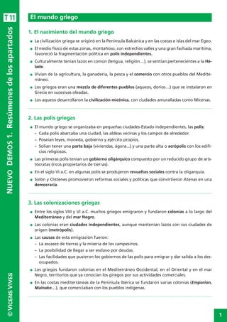 1
©VICENSVIVESNUEVODEMOS1.Resúmenesdelosapartados
1. El nacimiento del mundo griego
I La civilización griega se originó en la Península Balcánica y en las costas e islas del mar Egeo.
I El medio físico de estas zonas, montañoso, con estrechos valles y una gran fachada marítima,
favoreció la fragmentación política en polis independientes.
I Culturalmente tenían lazos en común (lengua, religión…), se sentían pertenecientes a la Hé-
lade.
I Vivían de la agricultura, la ganadería, la pesca y el comercio con otros pueblos del Medite-
rráneo.
I Los griegos eran una mezcla de diferentes pueblos (aqueos, dorios…) que se instalaron en
Grecia en sucesivas oleadas.
I Los aqueos desarrollaron la civilización micénica, con ciudades amuralladas como Micenas.
2. Las polis griegas
I El mundo griego se organizaba en pequeñas ciudades-Estado independientes, las polis:
– Cada polis abarcaba una ciudad, las aldeas vecinas y los campos de alrededor.
– Poseían leyes, moneda, gobierno y ejército propios.
– Solían tener una parte baja (viviendas, ágora...) y una parte alta o acrópolis con los edifi-
cios religiosos.
I Las primeras polis tenían un gobierno oligárquico compuesto por un reducido grupo de aris-
tócratas (ricos propietarios de tierras).
I En el siglo VI a.C. en algunas polis se produjeron revueltas sociales contra la oligarquía.
I Solón y Clístenes promovieron reformas sociales y políticas que convirtieron Atenas en una
democracia.
3. Las colonizaciones griegas
I Entre los siglos VIII y VI a.C. muchos griegos emigraron y fundaron colonias a lo largo del
Mediterráneo y del mar Negro.
I Las colonias eran ciudades independientes, aunque mantenían lazos con sus ciudades de
origen (metrópolis).
I Las causas de esta emigración fueron:
– La escasez de tierras y la miseria de los campesinos.
– La posibilidad de llegar a ser esclavo por deudas.
– Las facilidades que pusieron los gobiernos de las polis para emigrar y dar salida a los des-
ocupados.
I Los griegos fundaron colonias en el Mediterráneo Occidental, en el Oriental y en el mar
Negro, territorios que ya conocían los giregos por sus actividades comerciales.
I En las costas mediterráneas de la Península Ibérica se fundaron varias colonias (Emporion,
Mainake…), que comerciaban con los pueblos indígenas.
El mundo griegoT11
 