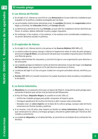 2
©VICENSVIVES
T11
4. Las Atenas de Pericles
I En el siglo V a.C. Atenas se convirtió en una democracia en la que todos los ciudadanos par-
ticipaban en la política y estaban protegidos por las leyes.
I Las principales instituciones atenienses eran: la asamblea (Ecclesía), los magistrados (estra-
tegas y arcontes), los tribunales (Helie) y el Consejo (Boulé).
I La democracia ateniense era muy limitada, ya que sólo los ciudadanos tenían derechos po-
líticos. A cambio, debían defender la polis y pagar impuestos.
I Sin embargo, ni las mujeres, ni los metecos, ni los esclavos eran considerados ciudadanos, y
no tenían derechos sociales ni políticos.
5. El esplendor de Atenas
I En el siglo V a.C. Atenas venció a los persas en las Guerras Médicas (492-449 a.C).
I La victoria sobre los persas otorgó a Atenas la hegemonía sobre el resto de polis griegas y
promovió la Liga de Delos, una asociación de polis que recaudaba impuestos para mantener
una flota de guerra.
I Atenas administraba los impuestos y convirtió la Liga en una organización para dominar a
las otras polis.
I Las ciudades griegas se rebelaron contra el dominio ateniense, lo que dio lugar a las Guerras
del Peloponeso, que supusieron el fin del dominio ateniense en Grecia.
I La Atenas del siglo V a.C fue una gran ciudad con una gran actividad cultural, científica y ar-
tística.
I Pericles (495-429 a.C.) mandó reconstruir la ciudad; levantaron altas murallas y remodelaron
la Acrópolis.
6. La Grecia helenística
I Macedonia era un pequeño reino que, en época de Filipo II, conquistó las polis griegas apro-
vechando el declive que sufrían tras las Guerras del Peloponeso.
I El hijo de Filipo, Alejandro Magno, le sucedió en el año 336 a.C.:
– Unificó las ciudades griegas para poder conquistar el Imperio persa.
– Consiguió apoderarse de muchos territorios y abrir nuevas rutas comerciales.
– Deseaba crear un único imperio con la base de la cultura griega, aunque cada territorio
conservara sus formas sociales y políticas.
I A su muerte, a los 33 años, este imperio se dividió en reinos helenísticos (Egipto, Siria...),
que conservaron la cultura y la lengua griegas y estuvieron gobernados por monarcas divi-
nizados y autoritarios.
I La ciudad de Alejandría, en el delta del Nilo, se convirtió en el símbolo de la civilización he-
lenística.
El mundo griego
NUEVODEMOS1.Resúmenesdelosapartados
 
