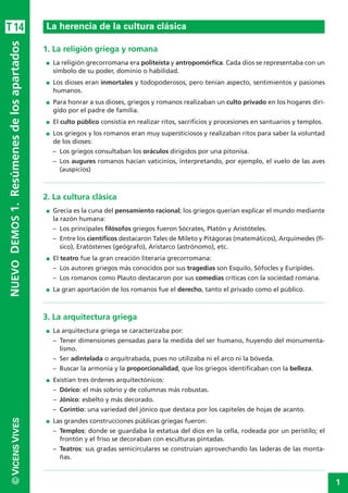 1
©VICENSVIVESNUEVODEMOS1.Resúmenesdelosapartados
1. La religión griega y romana
I La religión grecorromana era politeísta y antropomórfica. Cada dios se representaba con un
símbolo de su poder, dominio o habilidad.
I Los dioses eran inmortales y todopoderosos, pero tenían aspecto, sentimientos y pasiones
humanos.
I Para honrar a sus dioses, griegos y romanos realizaban un culto privado en los hogares diri-
gido por el padre de familia.
I El culto público consistía en realizar ritos, sacrificios y procesiones en santuarios y templos.
I Los griegos y los romanos eran muy supersticiosos y realizaban ritos para saber la voluntad
de los dioses:
– Los griegos consultaban los oráculos dirigidos por una pitonisa.
– Los augures romanos hacían vaticinios, interpretando, por ejemplo, el vuelo de las aves
(auspicios)
2. La cultura clásica
I Grecia es la cuna del pensamiento racional; los griegos querían explicar el mundo mediante
la razón humana:
– Los principales filósofos griegos fueron Sócrates, Platón y Aristóteles.
– Entre los científicos destacaron Tales de Mileto y Pitágoras (matemáticos), Arquímedes (fí-
sico), Eratóstenes (geógrafo), Aristarco (astrónomo), etc.
I El teatro fue la gran creación literaria grecorromana:
– Los autores griegos más conocidos por sus tragedias son Esquilo, Sófocles y Eurípides.
– Los romanos como Plauto destacaron por sus comedias críticas con la sociedad romana.
I La gran aportación de los romanos fue el derecho, tanto el privado como el público.
3. La arquitectura griega
I La arquitectura griega se caracterizaba por:
– Tener dimensiones pensadas para la medida del ser humano, huyendo del monumenta-
lismo.
– Ser adintelada o arquitrabada, pues no utilizaba ni el arco ni la bóveda.
– Buscar la armonía y la proporcionalidad, que los griegos identificaban con la belleza.
I Existían tres órdenes arquitectónicos:
– Dórico: el más sobrio y de columnas más robustas.
– Jónico: esbelto y más decorado.
– Corintio: una variedad del jónico que destaca por los capiteles de hojas de acanto.
I Las grandes construcciones públicas griegas fueron:
– Templos: donde se guardaba la estatua del dios en la cella, rodeada por un peristilo; el
frontón y el friso se decoraban con esculturas pintadas.
– Teatros: sus gradas semicirculares se construían aprovechando las laderas de las monta-
ñas.
La herencia de la cultura clásicaT14
 