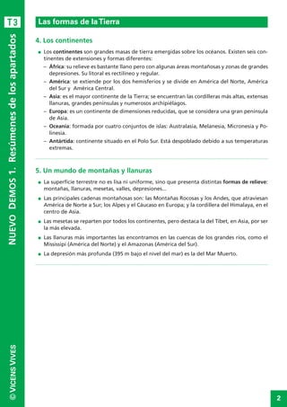 2
©VICENSVIVES
T3
4. Los continentes
I Los continentes son grandes masas de tierra emergidas sobre los océanos. Existen seis con-
tinentes de extensiones y formas diferentes:
– África: su relieve es bastante llano pero con algunas áreas montañosas y zonas de grandes
depresiones. Su litoral es rectilíneo y regular.
– América: se extiende por los dos hemisferios y se divide en América del Norte, América
del Sur y América Central.
– Asia: es el mayor continente de la Tierra; se encuentran las cordilleras más altas, extensas
llanuras, grandes penínsulas y numerosos archipiélagos.
– Europa: es un continente de dimensiones reducidas, que se considera una gran península
de Asia.
– Oceanía: formada por cuatro conjuntos de islas: Australasia, Melanesia, Micronesia y Po-
linesia.
– Antártida: continente situado en el Polo Sur. Está despoblado debido a sus temperaturas
extremas.
5. Un mundo de montañas y llanuras
I La superficie terrestre no es lisa ni uniforme, sino que presenta distintas formas de relieve:
montañas, llanuras, mesetas, valles, depresiones...
I Las principales cadenas montañosas son: las Montañas Rocosas y los Andes, que atraviesan
América de Norte a Sur; los Alpes y el Cáucaso en Europa; y la cordillera del Himalaya, en el
centro de Asia.
I Las mesetas se reparten por todos los continentes, pero destaca la del Tibet, en Asia, por ser
la más elevada.
I Las llanuras más importantes las encontramos en las cuencas de los grandes ríos, como el
Mississipi (América del Norte) y el Amazonas (América del Sur).
I La depresión más profunda (395 m bajo el nivel del mar) es la del Mar Muerto.
Las formas de laTierra
NUEVODEMOS1.Resúmenesdelosapartados
 