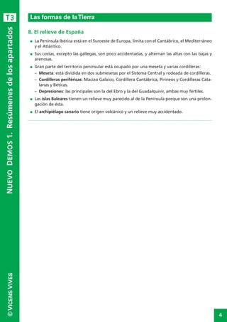 4
©VICENSVIVES
T3
8. El relieve de España
I La Península Ibérica está en el Suroeste de Europa, limita con el Cantábrico, el Mediterráneo
y el Atlántico.
I Sus costas, excepto las gallegas, son poco accidentadas, y alternan las altas con las bajas y
arenosas.
I Gran parte del territorio peninsular está ocupado por una meseta y varias cordilleras:
– Meseta: está dividida en dos submesetas por el Sistema Central y rodeada de cordilleras.
– Cordilleras periféricas: Macizo Galaico, Cordillera Cantábrica, Pirineos y Cordilleras Cata-
lanas y Béticas.
– Depresiones: las principales son la del Ebro y la del Guadalquivir, ambas muy fértiles.
I Las islas Baleares tienen un relieve muy parecido al de la Península porque son una prolon-
gación de ésta.
I El archipiélago canario tiene origen volcánico y un relieve muy accidentado.
LaTierra, planeta del Sistema Solar
NUEVODEMOS1.Resúmenesdelosapartados
Las formas de laTierra
 