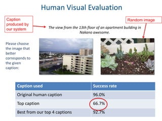 Human Visual Evaluation
Caption
produced by
our system

Random image
The view from the 13th floor of an apartment building...