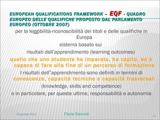 EUROPEAN QUALIFICATIONS FRAMEWORK –  EQF  - QUADRO EUROPEO DELLE QUALIFICHE PROPOSTO DAL PARLAMENTO EUROPEO (OTTOBRE 2007) per la leggibilità-riconoscibilità dei titoli e delle qualifiche in Europa sistema basato sui  risultati dell’apprendimento (learning outcomes)  quello che uno studente ha imparato, ha capito, ed è capace di fare alla fine di un percorso di formazione I risultati dell‟apprendimento sono definiti in termini di  conoscenze, capacità tecniche e capacità trasversali   (knowledge, skills and competence) e in particolare, per queste ultime, responsabilità e autonomia 20 gennaio 2011 Flavia Giannoli 