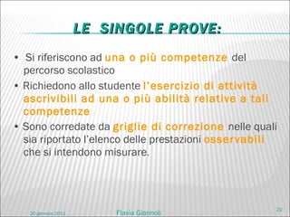 LE  SINGOLE PROVE: •  Si riferiscono ad  una o più competenze  del percorso scolastico •  Richiedono allo studente  l’esercizio di attività ascrivibili ad una o più abilità relative a tali competenze •  Sono corredate da  griglie di correzione  nelle quali sia riportato l’elenco delle prestazioni  osservabili  che si intendono misurare . 20 gennaio 2011 Flavia Giannoli 