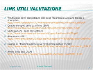 LINK UTILI VALUTAZIONE Valutazione delle competenze cornice di riferimento sul piano teorico e normativo  http://www.liceistefanini.it/formazione/competenze/valucomp_def.pdf Quadro europeo delle qualifiche (EQF)  http://ec.europa.eu/education/pub/pdf/general/eqf/broch_it.pdf   Certificazione  delle competenze  http://www.fuoriclasse.rai.it/materiali/approfondimenti/428.pdf   Asse matematico  http://www.istruzioneer.it/page.asp?IDCategoria=430&IDSezione=20857&ID=394508   Quadro di riferimento Ocse-pisa 2006 (matematica pag 86)  http://www.invalsi.it/ric-int/Pisa2006/sito/docs/Quadro_riferimento_PISA2006.pdf   Invalsi-ocse-pisa 2006  http://www.invalsi.it/invalsi/ri/pisa2006.php?page=pisa2006_it_05   20 gennaio 2011 Flavia Giannoli 