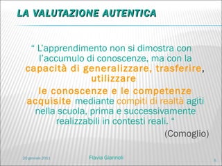 LA VALUTAZIONE AUTENTICA “  L’apprendimento non si dimostra con l’accumulo di conoscenze, ma con la  capacità di generalizzare, trasferire ,  utilizzare  le conoscenze e le competenze acquisite  mediante  compiti di realtà  agiti nella scuola, prima e successivamente realizzabili in contesti reali. “ (Comoglio) 20 gennaio 2011 Flavia Giannoli 