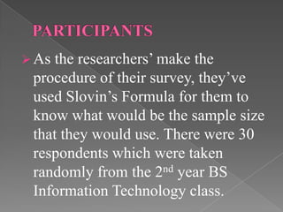 The researchers came up with the precise conclusion that, it is up to the students on how they study and participate actively on their class particularly in RE04.CONCLUSIONThe researchers conclude that the students were able to balance their vices and studies because no malfunction occurs.