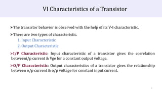 EEE21R171 - BASIC EEE 1
VI Characteristics of a Transistor
⮚The transistor behavior is observed with the help of its V-I characteristic.
⮚There are two types of characteristic.
1. Input Characteristic
2. Output Characteristic
⮚I/P Characteristic: Input characteristic of a transistor gives the correlation
betweeni/p current & Vge for a constant output voltage.
⮚O/P Characteristic: Output characteristics of a transistor gives the relationship
between o/p current & o/p voltage for constant input current.
 