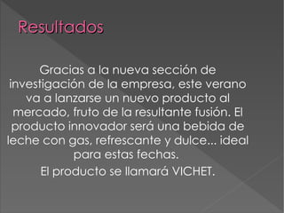 Resultados Gracias a la nueva sección de investigación de la empresa, este verano va a lanzarse un nuevo producto al mercado, fruto de la resultante fusión. El producto innovador será una bebida de leche con gas, refrescante y dulce... ideal para estas fechas.  El producto se llamará VICHET. 