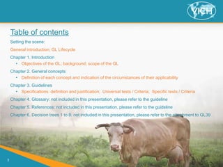 3
Table of contents
Setting the scene:
General introduction; GL Lifecycle
Chapter 1. Introduction
• Objectives of the GL; background; scope of the GL
Chapter 2. General concepts
• Definition of each concept and indication of the circumstances of their applicability
Chapter 3. Guidelines
• Specifications: definition and justification; Universal tests / Criteria; Specific tests / Criteria
Chapter 4. Glossary: not included in this presentation, please refer to the guideline
Chapter 5. References: not included in this presentation, please refer to the guideline
Chapter 6. Decision trees 1 to 8: not included in this presentation, please refer to the attachment to GL39
 