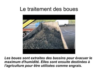 Le traitement des boues




Les boues sont extraites des bassins pour évacuer le
maximum d'humidité. Elles sont ensuite destinées à
l'agriculture pour être utilisées comme engrais.
 