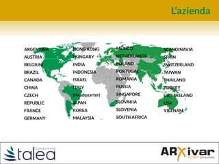 L’azienda
ARGENTINA
AUSTRIA
BELGIUM
BRAZIL
CANADA
CHINA
CZECH
REPUBLIC
FRANCE
GERMANY
HONG KONG
HUNGARY
INDIA
INDONESIA
ISRAEL
ITALY
(Headquarter)
JAPAN
KOREA
MALAYSIA
MEXICO
NETHERLANDS
POLAND
PORTUGAL
ROMANIA
RUSSIA
SINGAPORE
SLOVAKIA
SLOVENIA
SOUTH AFRICA
SCANDINAVIA
SPAIN
SWITZERLAND
TAIWAN
THAILAND
TURKEY
UK & IRELAND
USA
VIETNAM
 