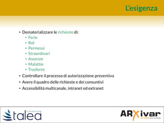 L’esigenza
• Dematerializzare le richieste di:
• Ferie
• Rol
• Permessi
• Straordinari
• Assenze
• Malattie
• Trasferte
• Controllare il processo di autorizzazione preventiva
• Avere il quadro delle richieste e dei consuntivi
• Accessibilità multicanale, intranet ed extranet
 