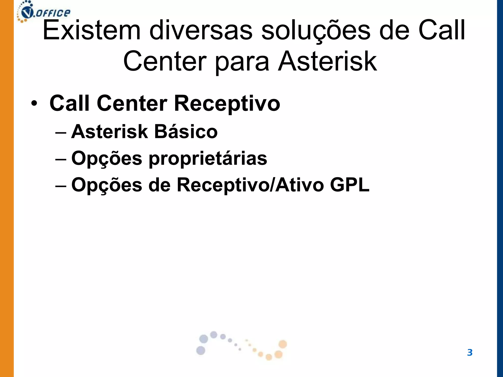 Existem diversas soluções de Call Center para Asterisk  Call Center Receptivo Asterisk Básico Opções proprietárias Opções de Receptivo/Ativo GPL 