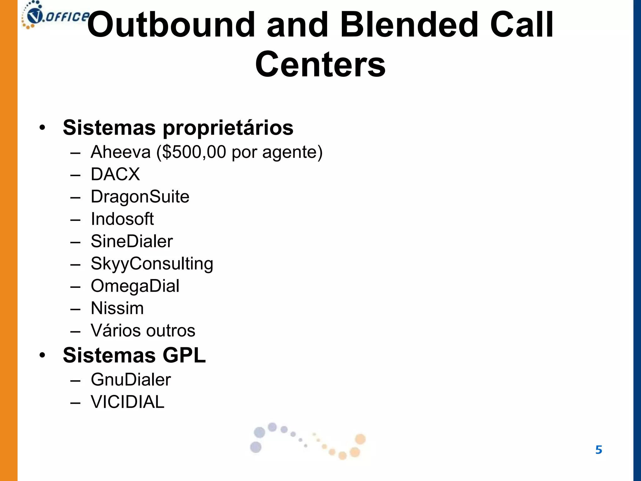 Outbound and Blended Call Centers Sistemas proprietários Aheeva ($500,00 por agente) DACX  DragonSuite  Indosoft  SineDialer  SkyyConsulting  OmegaDial  Nissim Vários outros Sistemas GPL GnuDialer  VICIDIAL  