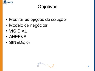 Objetivos Mostrar as opções de solução Modelo de negócios VICIDIAL AHEEVA SINEDialer 