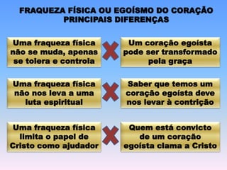 FRAQUEZA FÍSICA OU EGOÍSMO DO CORAÇÃO
PRINCIPAIS DIFERENÇAS
Uma fraqueza física
não se muda, apenas
se tolera e controla
Um coração egoísta
pode ser transformado
pela graça
Uma fraqueza física
não nos leva a uma
luta espiritual
Saber que temos um
coração egoísta deve
nos levar à contrição
Uma fraqueza física
limita o papel de
Cristo como ajudador
Quem está convicto
de um coração
egoísta clama a Cristo
 