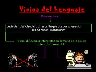 Vicios del Lenguaje
                          Conocidas como



cualquier deficiencia o alteración que pueden presentar
                   las palabras u oraciones.


       lo cual dificulta la interpretación correcta de lo que se
                        quiere decir o escribir.
 