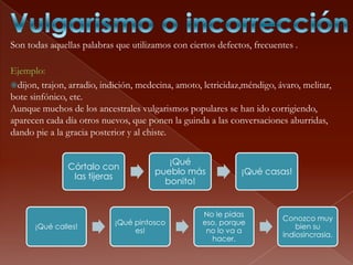 Son todas aquellas palabras que utilizamos con ciertos defectos, frecuentes .

Ejemplo:
dijon, trajon, arradio, indición, medecina, amoto, letricidaz,méndigo, ávaro, melitar,
bote sinfónico, etc.
Aunque muchos de los ancestrales vulgarismos populares se han ido corrigiendo,
aparecen cada día otros nuevos, que ponen la guinda a las conversaciones aburridas,
dando pie a la gracia posterior y al chiste.


                                          ¡Qué
               Córtalo con
                                       pueblo más             ¡Qué casas!
                las tijeras
                                         bonito!


                                                    No le pidas
                                                                         Conozco muy
                            ¡Qué pintosco           eso, porque
      ¡Qué calles!                                                           bien su
                                 es!                 no lo va a
                                                                         indiosincrasia.
                                                      hacer.
 