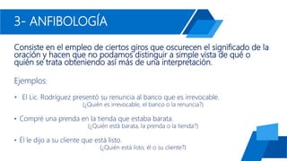3- ANFIBOLOGÍA
Consiste en el empleo de ciertos giros que oscurecen el significado de la
oración y hacen que no podamos distinguir a simple vista de qué o
quién se trata obteniendo así más de una interpretación.
Ejemplos:
• El Lic. Rodríguez presentó su renuncia al banco que es irrevocable.
(¿Quién es irrevocable, el banco o la renuncia?)
• Compré una prenda en la tienda que estaba barata.
(¿Quién está barata, la prenda o la tienda?)
• Él le dijo a su cliente que está listo.
(¿Quién está listo, él o su cliente?)
 