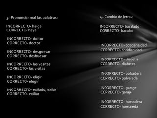 3.-Pronunciar mal las palabras:   4.- Cambio de letras:

INCORRECTO- haiga                 INCORRECTO- bacalado
CORRECTO- haya                    CORRECTO- bacalao
INCORRECTO- doitor
CORRECTO- doctor
                                  INCORRECTO- cotidaneidad
INCORRECTO- desgoesar             CORRECTO- cotidianidad
CORRECTO- deshuesar
                                  INCORRECTO- diabetis
INCORRECTO- las vesitas           CORRECTO- diabetes
CORRECTO- las visitas
                                  INCORRECTO- polvadera
INCORRECTO- eligir                CORRECTO- polvareda
CORRECTO- elegir
                                  INCORRECTO- garage
INCORRECTO- exilado, exilar
CORRECTO- exiliar                 CORRECTO- garaje

                                  INCORRECTO- humadera
                                  CORRECTO- humareda
 