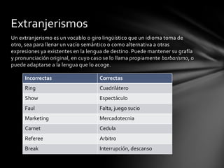 Extranjerismos
Un extranjerismo es un vocablo o giro lingüístico que un idioma toma de
otro, sea para llenar un vacío semántico o como alternativa a otras
expresiones ya existentes en la lengua de destino. Puede mantener su grafía
y pronunciación original, en cuyo caso se lo llama propiamente barbarismo, o
puede adaptarse a la lengua que lo acoge.

     Incorrectas                    Correctas
     Ring                           Cuadrilátero
     Show                           Espectáculo
     Faul                           Falta, juego sucio
     Marketing                      Mercadotecnia
     Carnet                         Cedula
     Referee                        Arbitro
     Break                          Interrupción, descanso
 