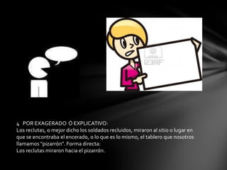 4 POR EXAGERADO Ó EXPLICATIVO:
Los reclutas, o mejor dicho los soldados recluidos, miraron al sitio o lugar en
que se encontraba el encerado, o lo que es lo mismo, el tablero que nosotros
llamamos "pizarrón". Forma directa:
Los reclutas miraron hacia el pizarrón.
 