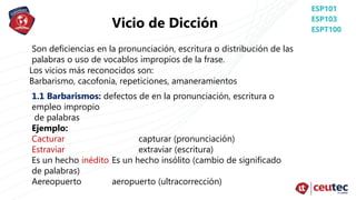 Vicio de Dicción
Son deficiencias en la pronunciación, escritura o distribución de las
palabras o uso de vocablos impropios de la frase.
Los vicios más reconocidos son:
Barbarismo, cacofonía, repeticiones, amaneramientos
1.1 Barbarismos: defectos de en la pronunciación, escritura o
empleo impropio
de palabras
Ejemplo:
Cacturar capturar (pronunciación)
Estraviar extraviar (escritura)
Es un hecho inédito Es un hecho insólito (cambio de significado
de palabras)
Aereopuerto aeropuerto (ultracorrección)
 