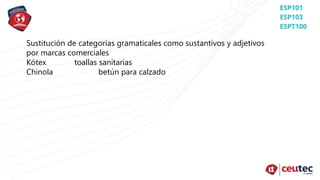 Sustitución de categorías gramaticales como sustantivos y adjetivos
por marcas comerciales
Kótex toallas sanitarias
Chinola betún para calzado
 
