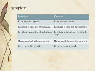 • Ejemplos:
Incorrecto Correcto
Es un ejecutivo agresivo Es un ejecutivo audaz.
Examinar el tema con profundidad. Examinar el tema con detenimiento.
La policía incauta dos kilos de droga. La policía se incauta de dos kilos de
droga.
Ha terminado el redactado de la ley Ha terminado la redacción de la ley.
El coche era bien grande. El coche era muy grande.
 