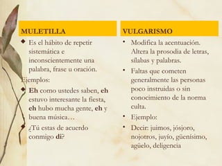MULETILLA
 Es el hábito de repetir
sistemática e
inconscientemente una
palabra, frase u oración.
Ejemplos:
 Eh como ustedes saben, eh
estuvo interesante la fiesta,
eh hubo mucha gente, eh y
buena música…
 ¿Tú estas de acuerdo
conmigo di?
VULGARISMO
• Modifica la acentuación.
Altera la prosodia de letras,
sílabas y palabras.
• Faltas que cometen
generalmente las personas
poco instruidas o sin
conocimiento de la norma
culta.
• Ejemplo:
• Decir: juimos, jósjoro,
nojotros, juyío, güenísimo,
agüelo, deligencia
 