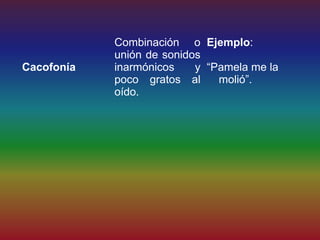 Combinación o Ejemplo:
            unión de sonidos
Cacofonía   inarmónicos    y “Pamela me la
            poco gratos al     molió”.
            oído.
 