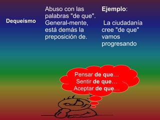 Abuso con las      Ejemplo:
            palabras "de que".
Dequeísmo   General-mente,      La ciudadanía
            está demás la      cree "de que"
            preposición de.    vamos
                               progresando



                     Pensar de que…
                      Sentir de que…
                     Aceptar de que…
 