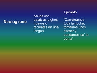 Ejemplo:
             Abuso con
             palabras o giros   “Carreteamos
Neologismo   nuevos o           toda la noche,
             recientes en una   tomamos unos
             lengua.            pitcher y
                                quedamos pa’ la
                                goma”
 