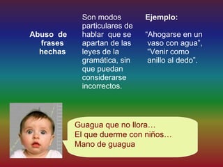 Son modos         Ejemplo:
            particulares de
Abuso de    hablar que se     “Ahogarse en un
  frases    apartan de las     vaso con agua”,
  hechas    leyes de la        “Venir como
            gramática, sin     anillo al dedo”.
            que puedan
            considerarse
            incorrectos.




           Guagua que no llora…
           El que duerme con niños…
           Mano de guagua
 